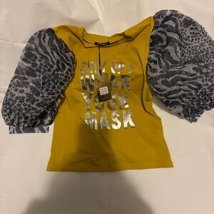Zara Yellow Top with Silver Text and Patterned Sleeves